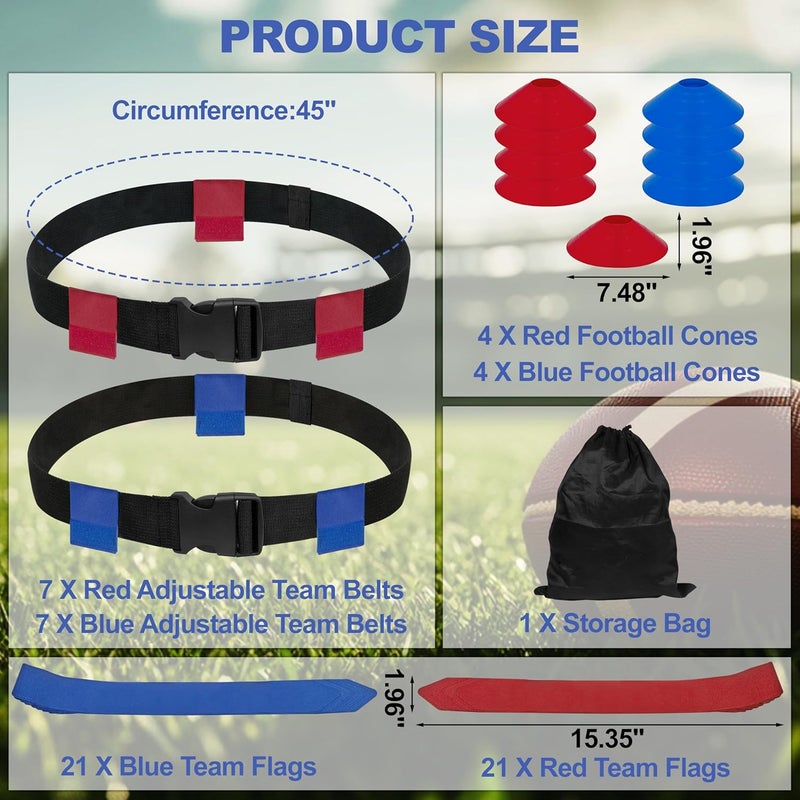 Ysiewjsue Flag Football Belts, 14 Player Adjustable Flag Football Set with 42 Flags, 8 Practice Cones and Bag, for Kids Youth and Adults Training - Image 2
